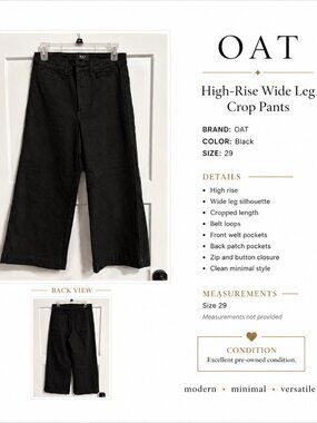 OAK + FORT Black Cropped Twill Wide Leg Pants – Size 29